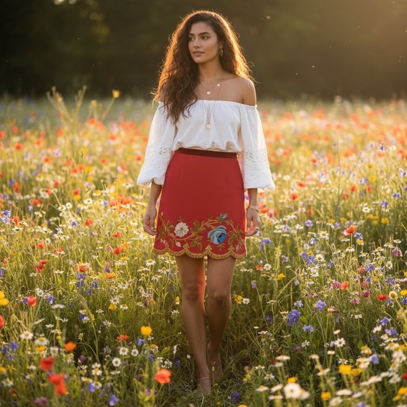 Plenty by TRACY REESE Red Wool Floral Embroidered Appliqued Skirt Size 4 - Picture 1 of 13